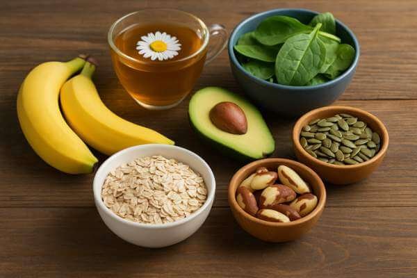 Mesa com alimentos naturais que ajudam na ansiedade, como banana, castanhas e chá