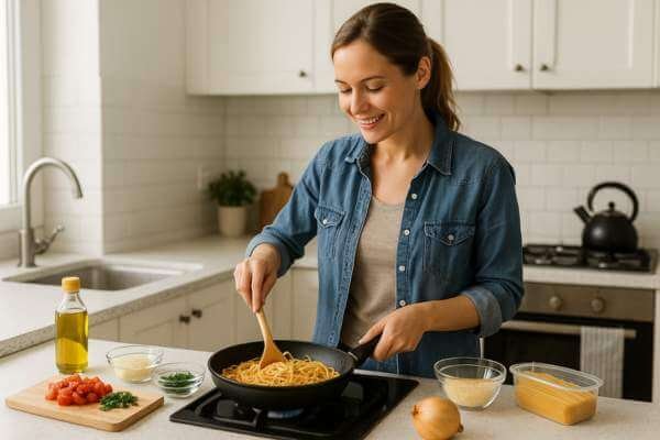 Mulher preparando jantar rápido na cozinha com ingredientes simples
